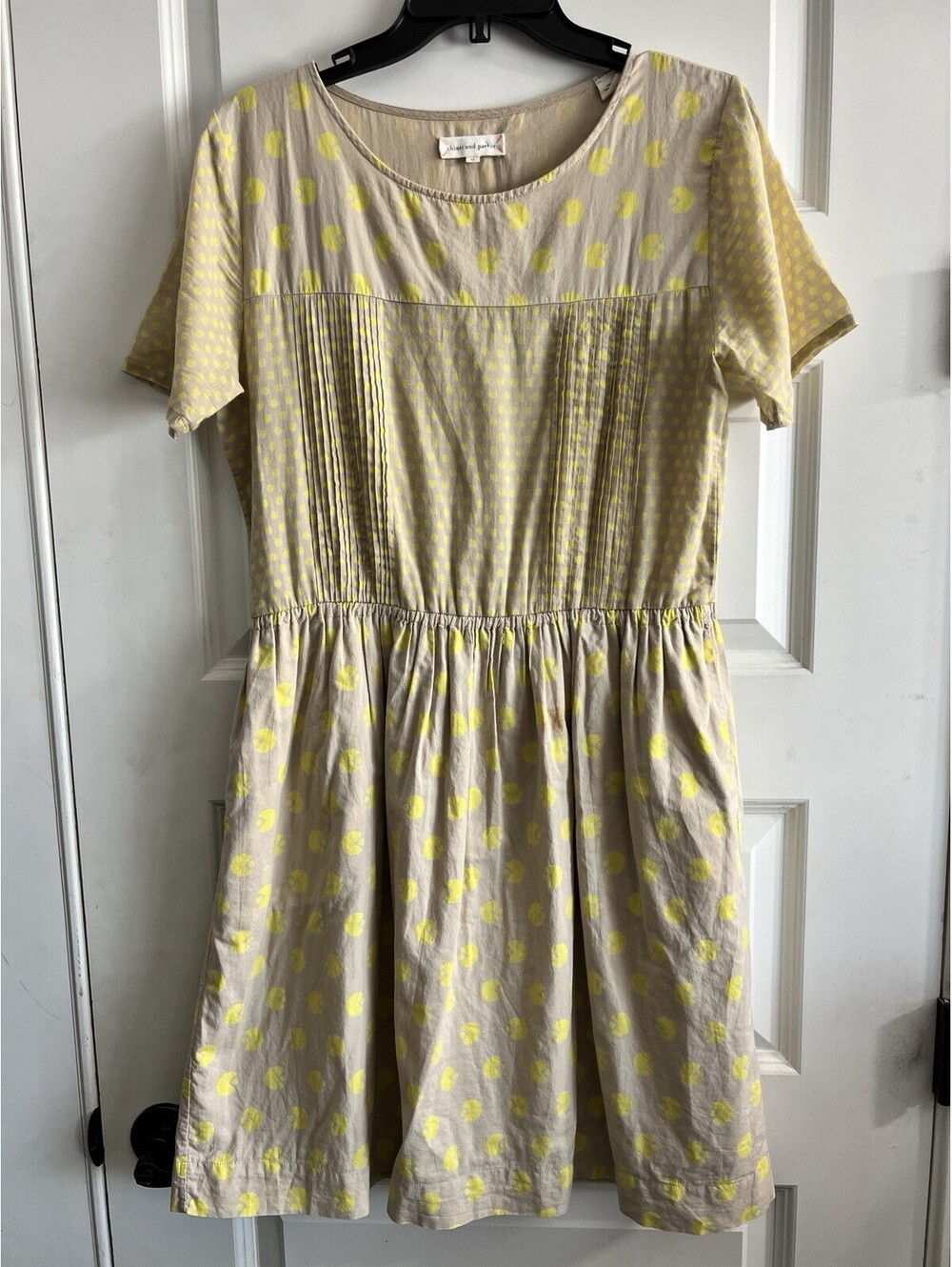 Chinti & Parker Short Sleeve Cotton Dress Polka Dot Sz M Taupe Yellow